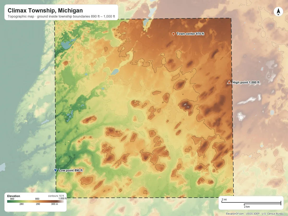 Topographic elevation map of Climax Township, Michigan, shaded from 890 ft on the southwest side to 1,000 ft on the southeast side