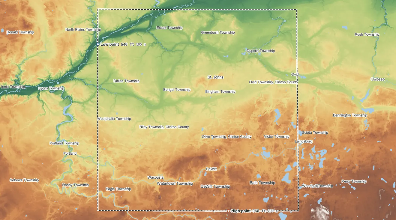 Topographic elevation map of Clinton County, Michigan, shaded from 640 ft on the northwest side to 960 ft on the south side