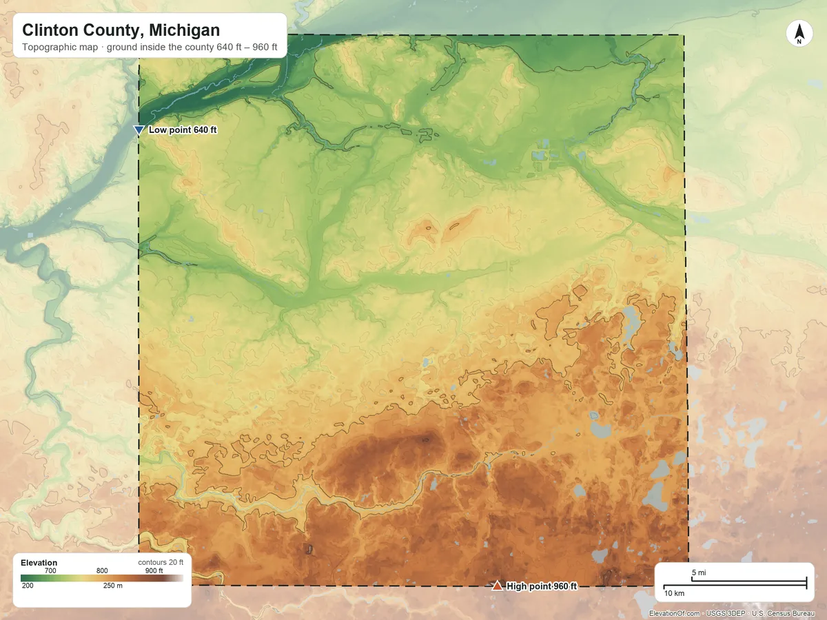 Topographic elevation map of Clinton County, Michigan, shaded from 640 ft on the northwest side to 960 ft on the south side