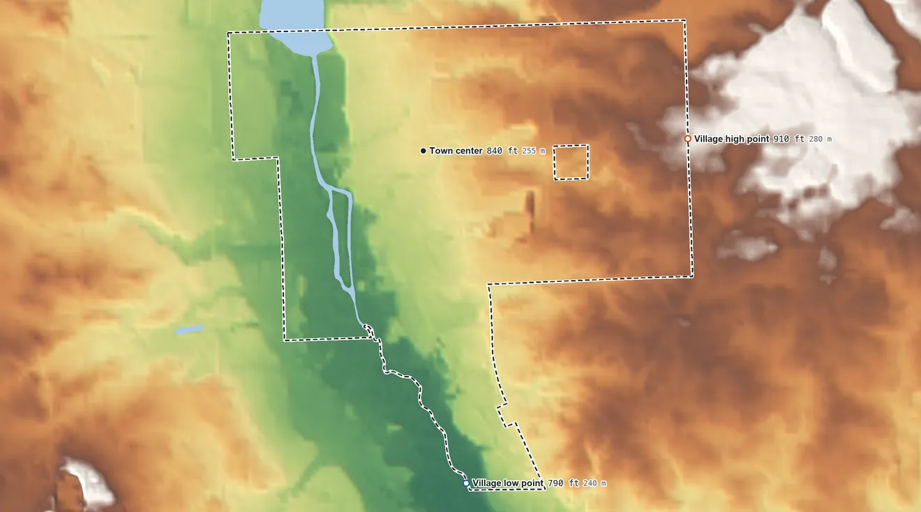 Topographic elevation map of Clinton, Michigan, shaded from 790 ft on the south side to 910 ft on the east side