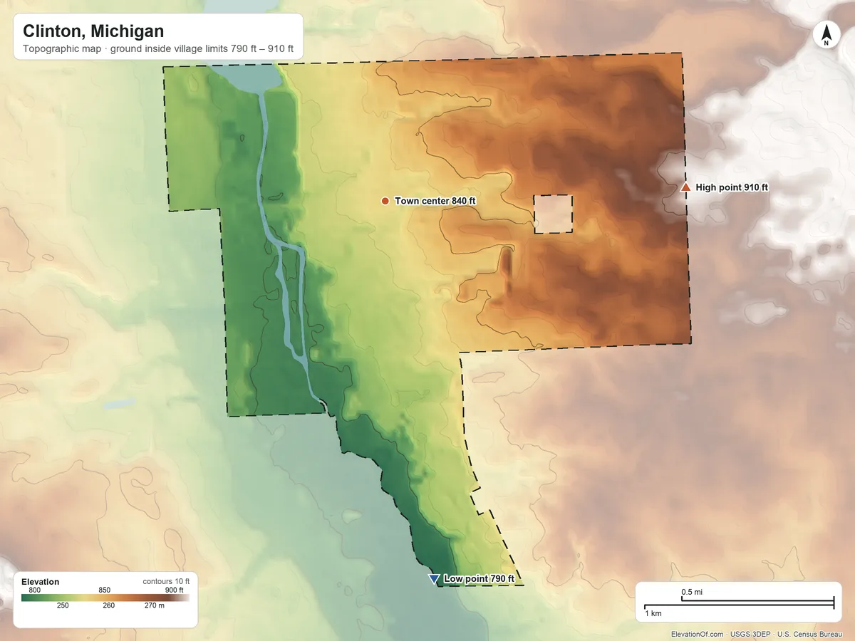 Topographic elevation map of Clinton, Michigan, shaded from 790 ft on the south side to 910 ft on the east side