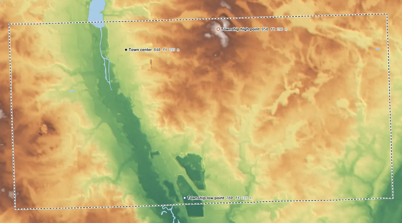 Topographic elevation map of Clinton Township, Lenawee County, Michigan, shaded from 780 ft on the south side to 950 ft on the east side