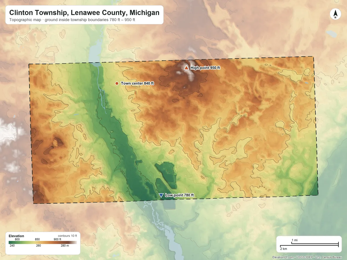 Topographic elevation map of Clinton Township, Lenawee County, Michigan, shaded from 780 ft on the south side to 950 ft on the east side