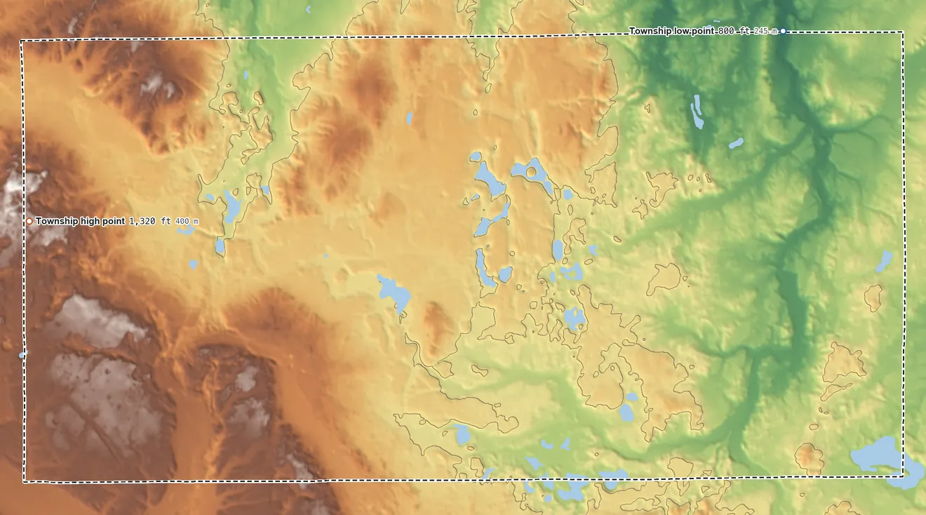 Topographic elevation map of Clinton Township, Oscoda County, Michigan, shaded from 800 ft on the northeast side to 1,320 ft on the west side