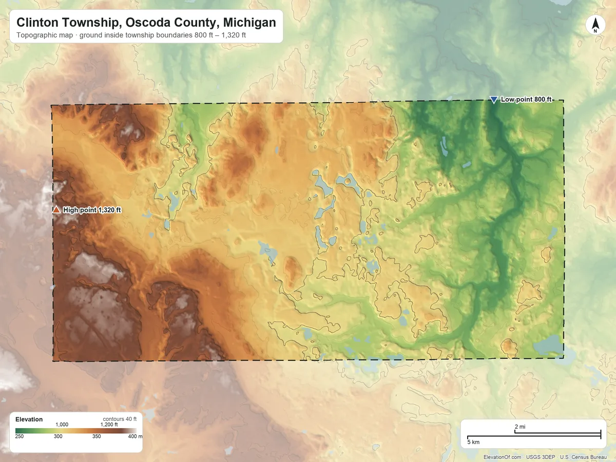 Topographic elevation map of Clinton Township, Oscoda County, Michigan, shaded from 800 ft on the northeast side to 1,320 ft on the west side