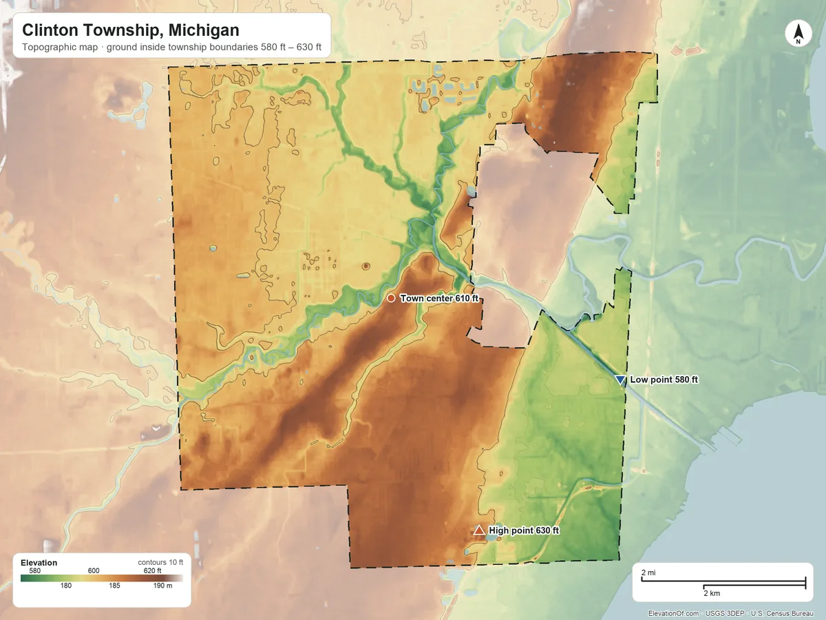 Topographic elevation map of Clinton Township, Michigan, shaded from 580 ft on the east side to 630 ft on the south side