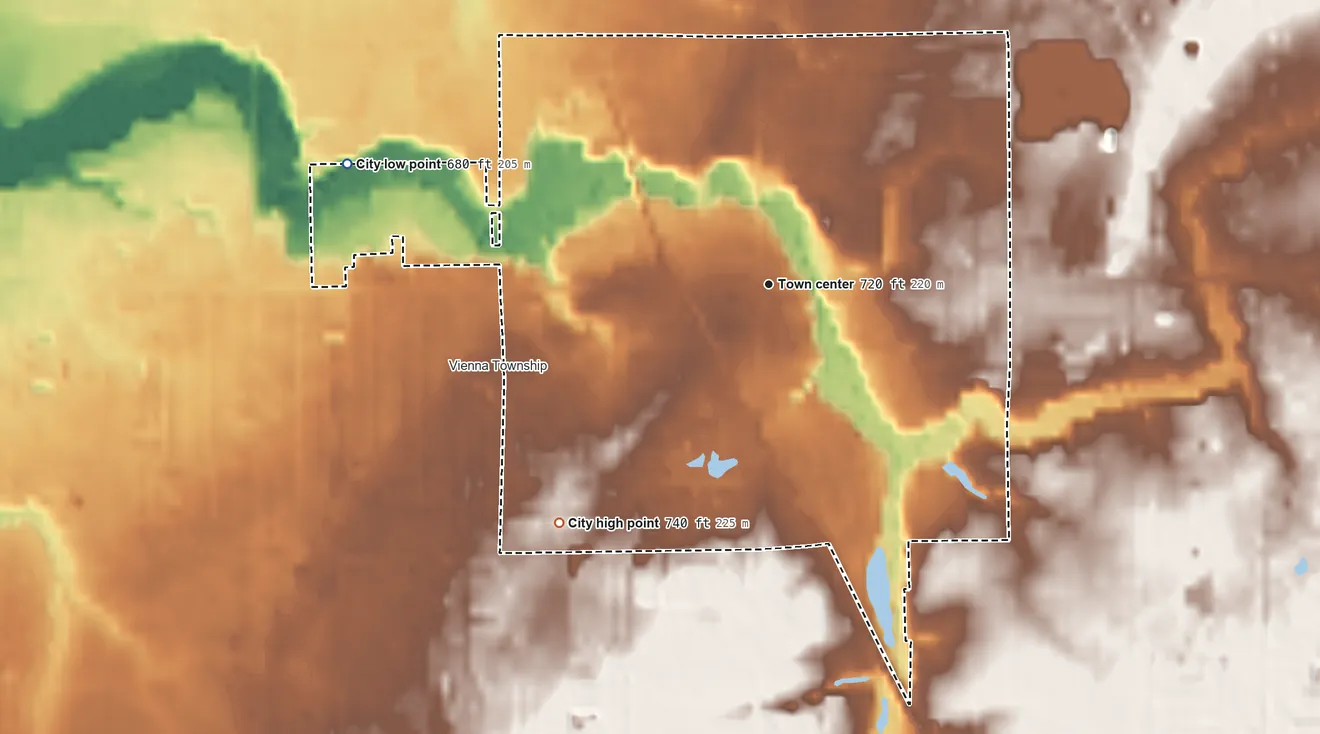 Topographic elevation map of Clio, Michigan, shaded from 680 ft on the west side to 740 ft on the southwest side