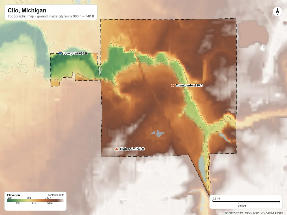 Topographic elevation map of Clio, Michigan, shaded from 680 ft on the west side to 740 ft on the southwest side