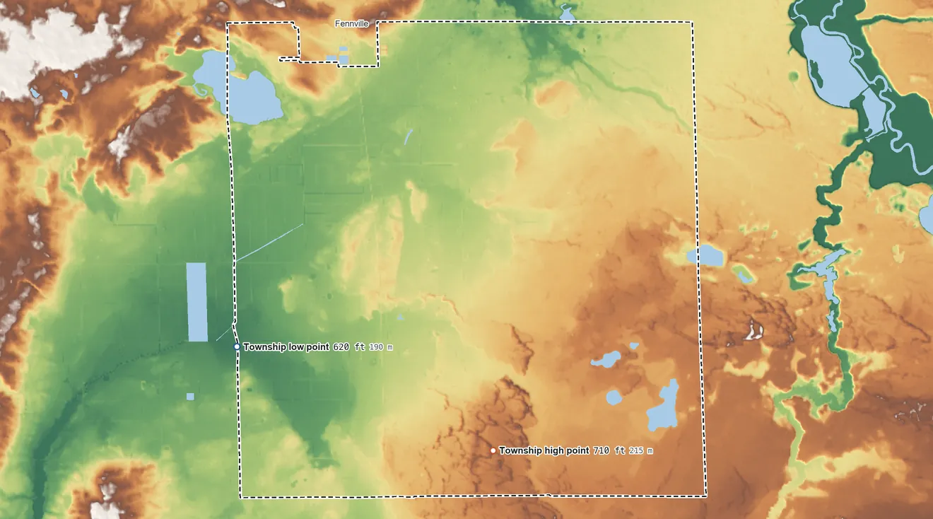 Topographic elevation map of Clyde Township, Allegan County, Michigan, shaded from 620 ft on the southwest side to 710 ft on the south side