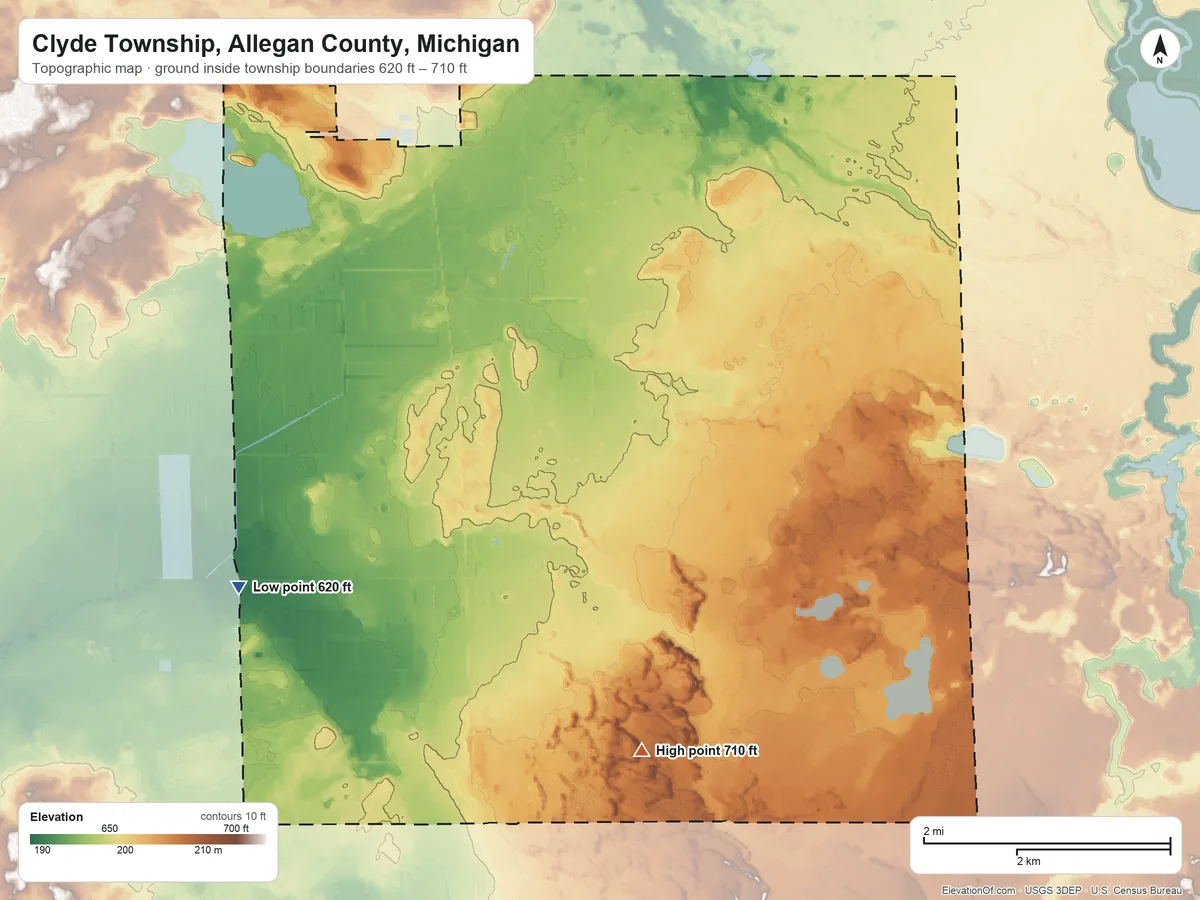 Topographic elevation map of Clyde Township, Allegan County, Michigan, shaded from 620 ft on the southwest side to 710 ft on the south side