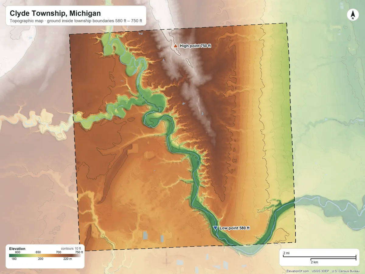 Topographic elevation map of Clyde Township, Michigan, shaded from 580 ft on the south side to 750 ft on the north side