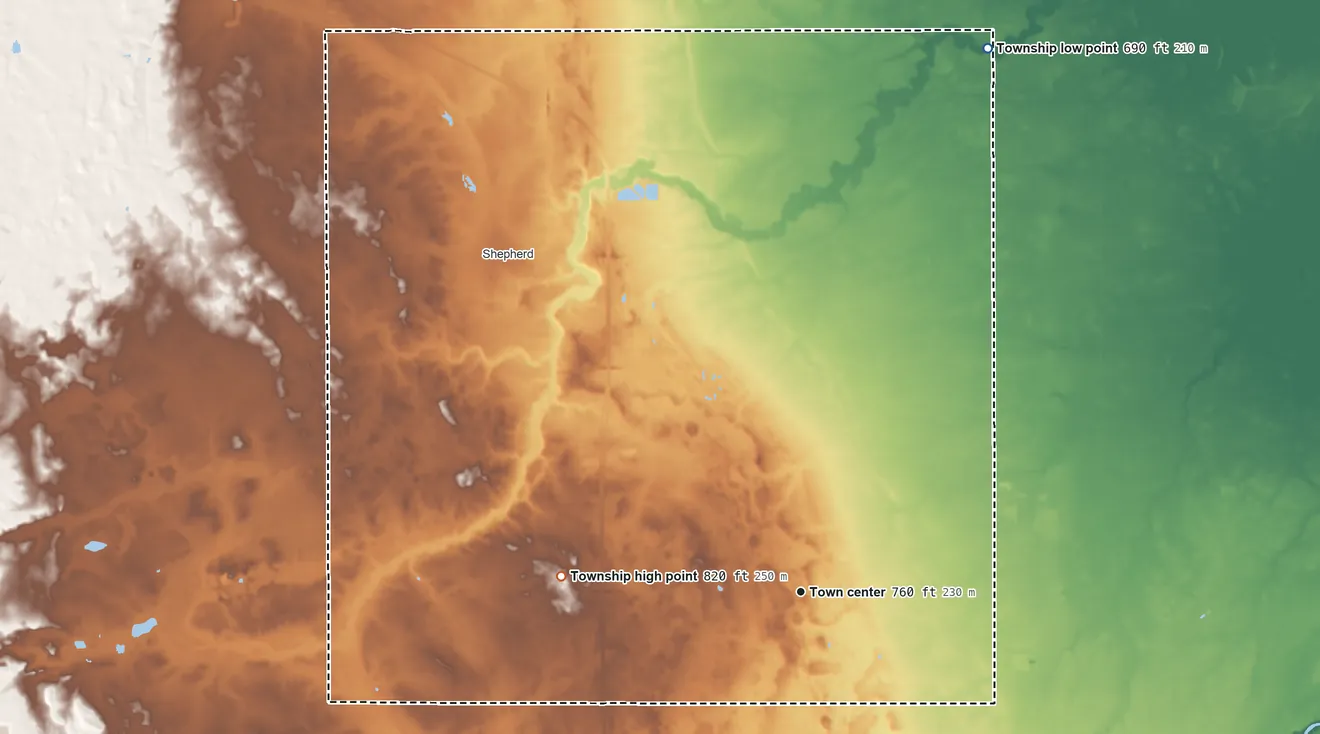 Topographic elevation map of Coe Township, Michigan, shaded from 690 ft on the north side to 820 ft on the west side