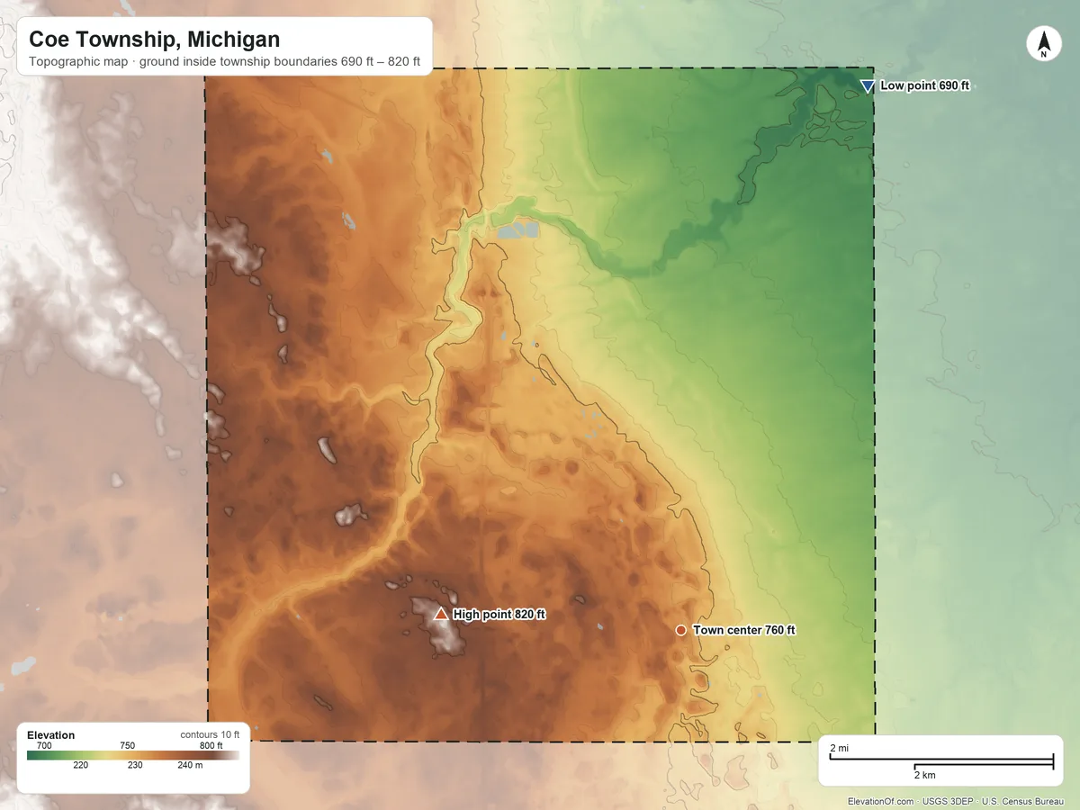 Topographic elevation map of Coe Township, Michigan, shaded from 690 ft on the north side to 820 ft on the west side