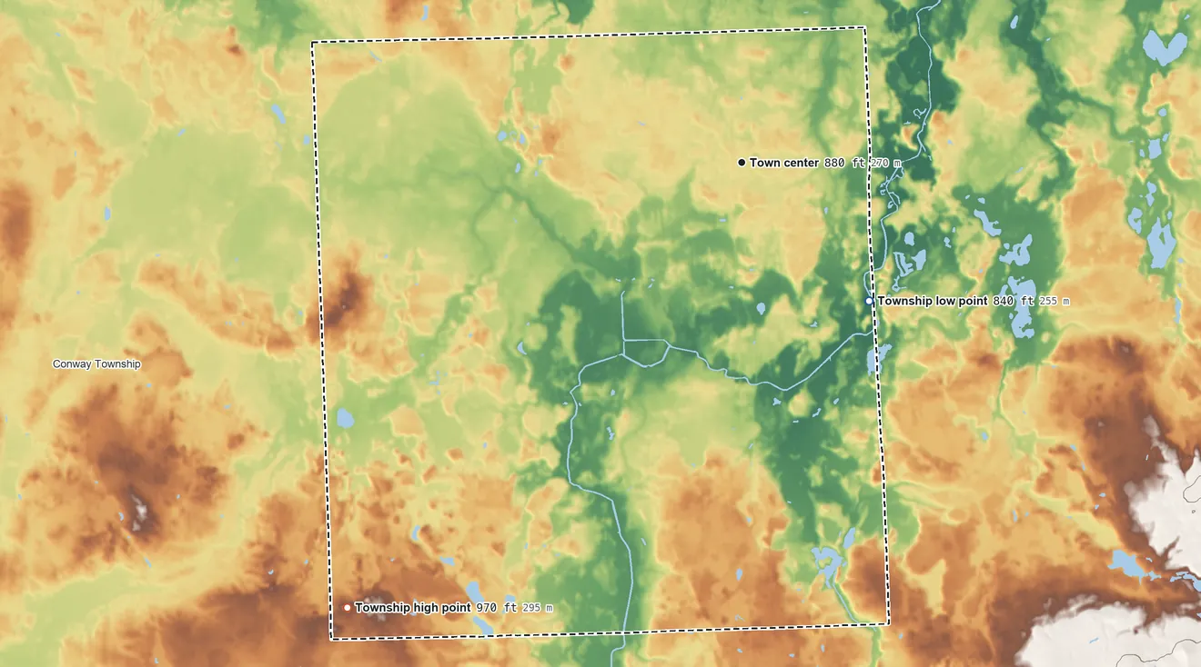 Topographic elevation map of Cohoctah Township, Michigan, shaded from 840 ft on the southeast side to 970 ft on the southwest side