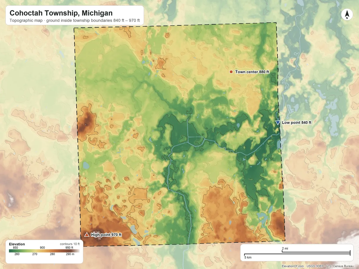 Topographic elevation map of Cohoctah Township, Michigan, shaded from 840 ft on the southeast side to 970 ft on the southwest side