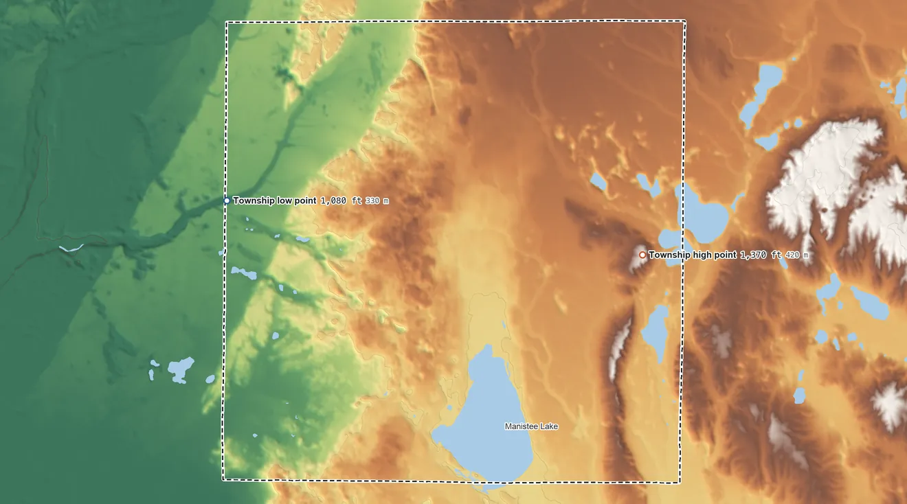 Topographic elevation map of Coldsprings Township, Michigan, shaded from 1,080 ft on the west side to 1,370 ft on the east side