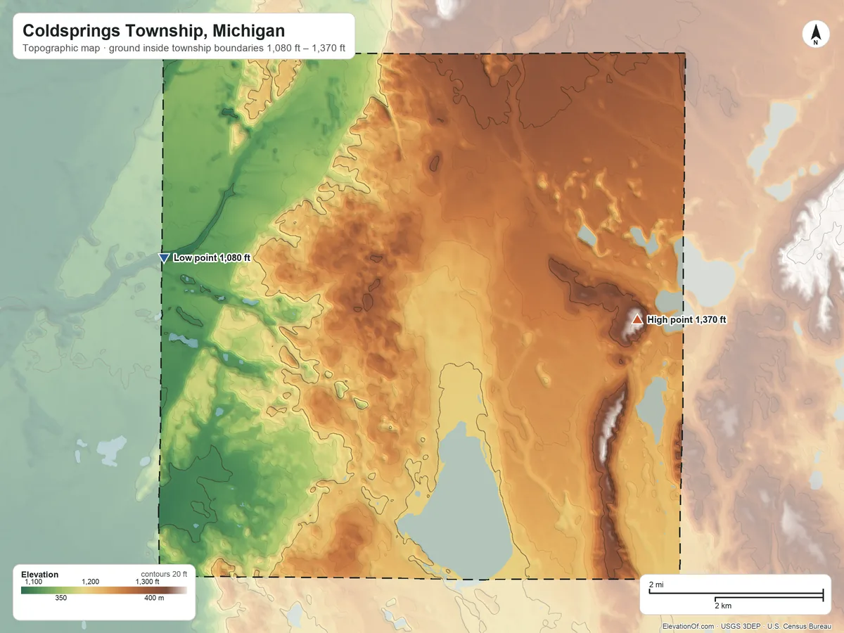Topographic elevation map of Coldsprings Township, Michigan, shaded from 1,080 ft on the west side to 1,370 ft on the east side
