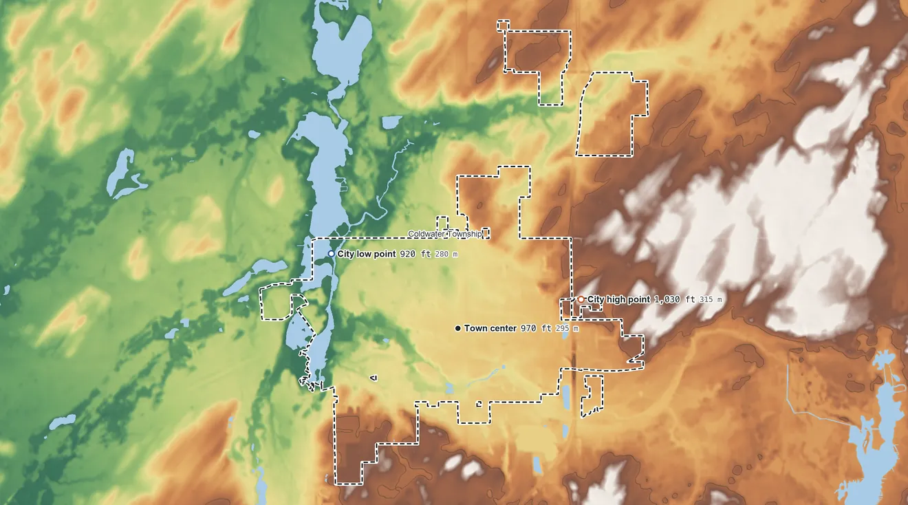 Topographic elevation map of Coldwater, Michigan, shaded from 920 ft on the northwest side to 1,030 ft on the east side