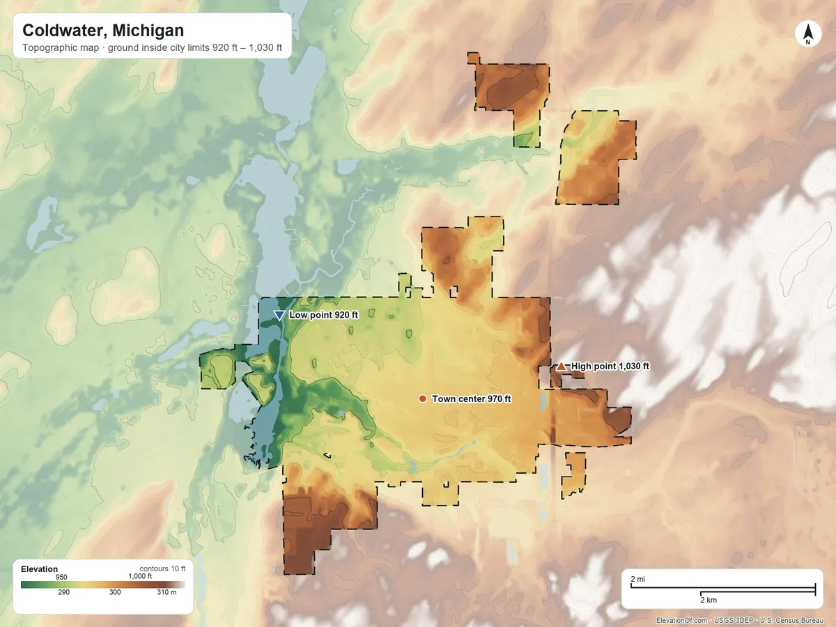 Topographic elevation map of Coldwater, Michigan, shaded from 920 ft on the northwest side to 1,030 ft on the east side