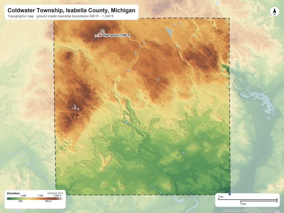 Topographic elevation map of Coldwater Township, Isabella County, Michigan, shaded from 900 ft on the southeast side to 1,240 ft on the northwest side