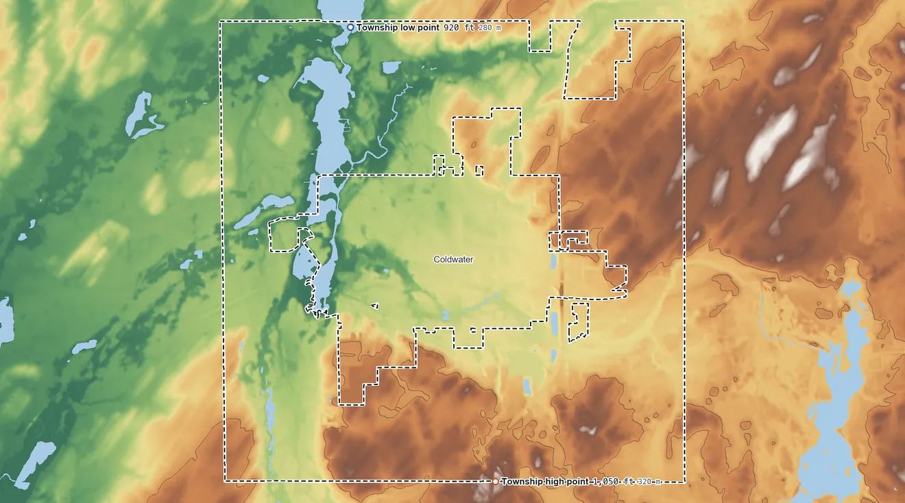 Topographic elevation map of Coldwater Township, Michigan, shaded from 920 ft on the northwest side to 1,050 ft on the south side