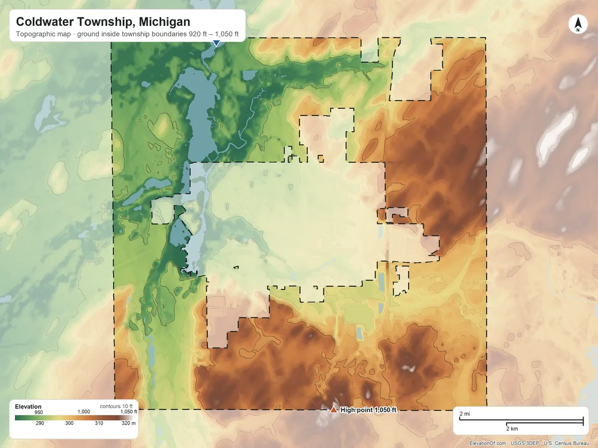 Topographic elevation map of Coldwater Township, Michigan, shaded from 920 ft on the northwest side to 1,050 ft on the south side