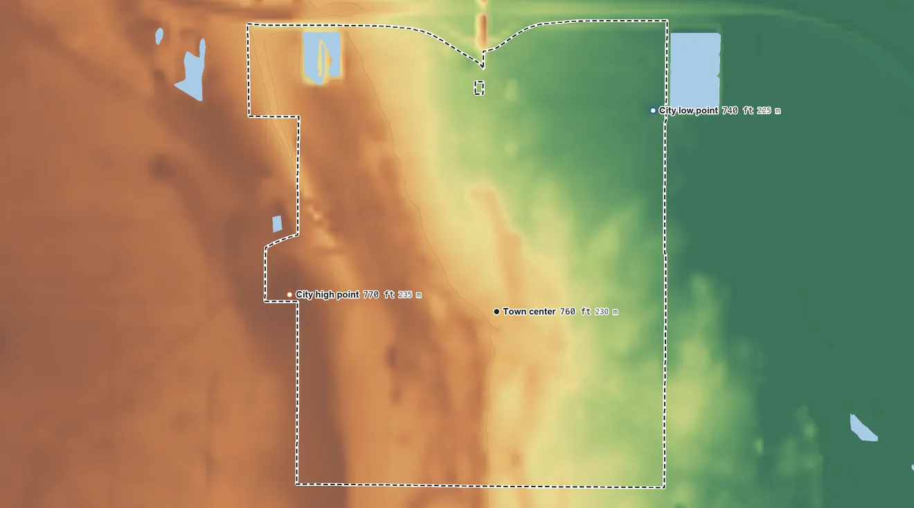 Topographic elevation map of Coleman, Michigan, shaded from 740 ft on the northeast side to 770 ft on the west side
