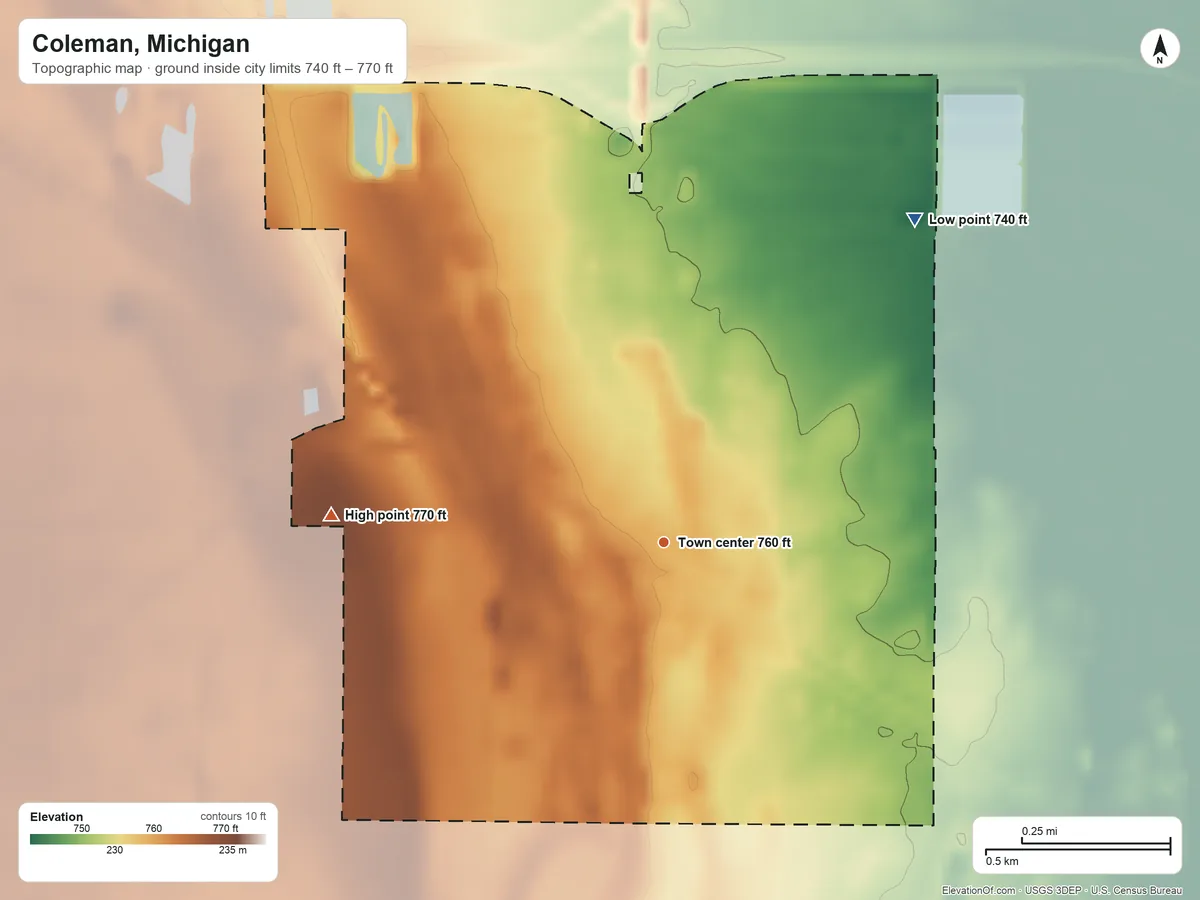 Topographic elevation map of Coleman, Michigan, shaded from 740 ft on the northeast side to 770 ft on the west side