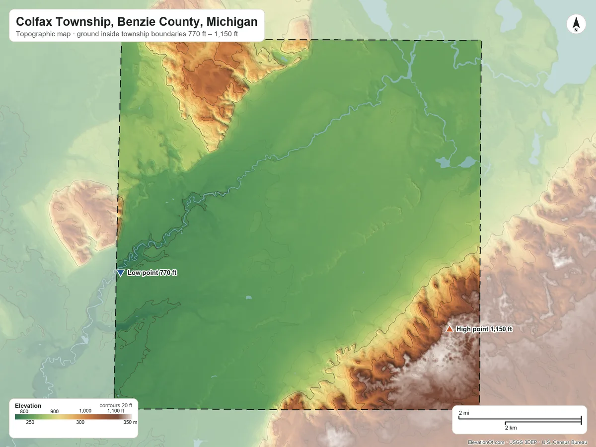 Topographic elevation map of Colfax Township, Benzie County, Michigan, shaded from 770 ft on the west side to 1,150 ft on the east side