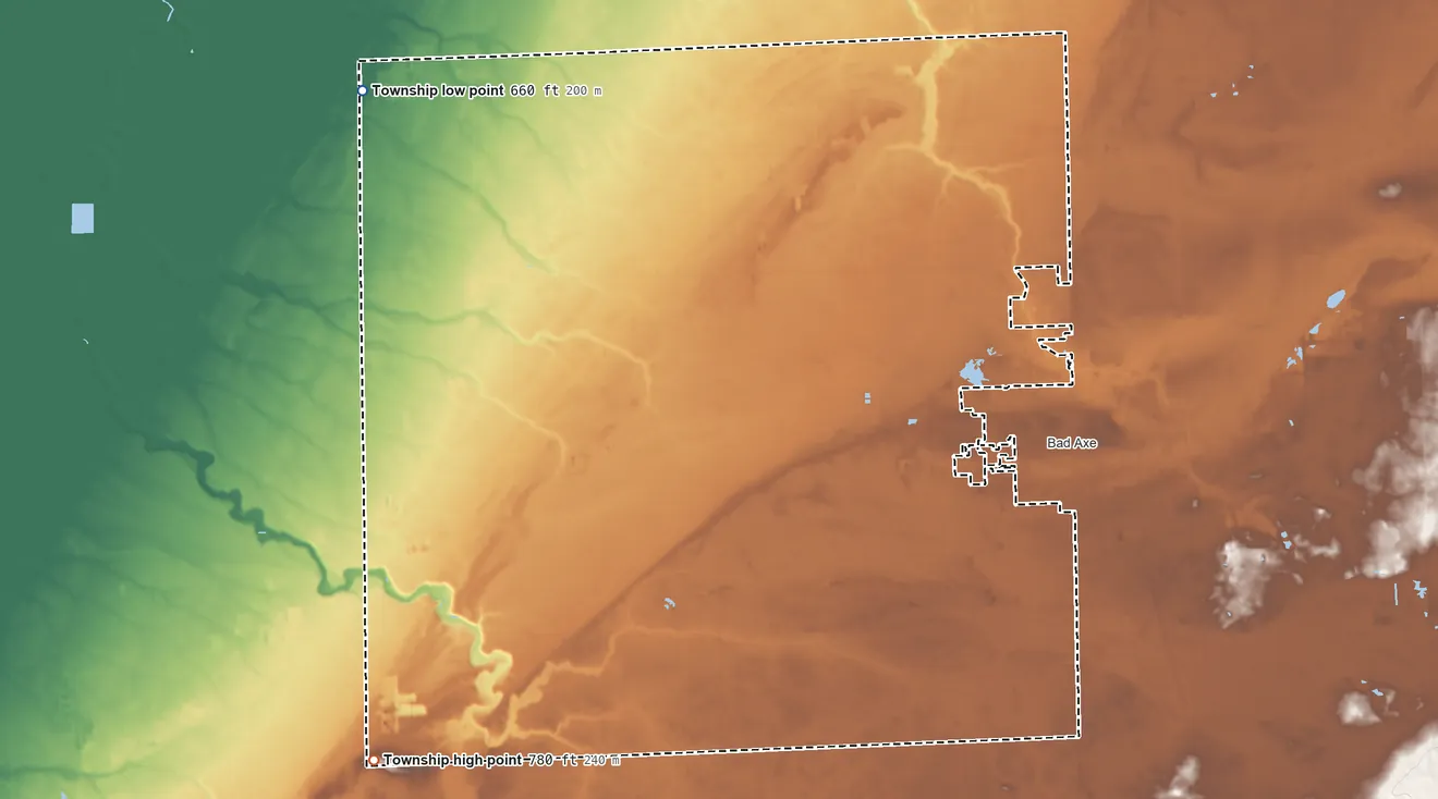 Topographic elevation map of Colfax Township, Huron County, Michigan, shaded from 660 ft on the northwest side to 780 ft on the southwest side
