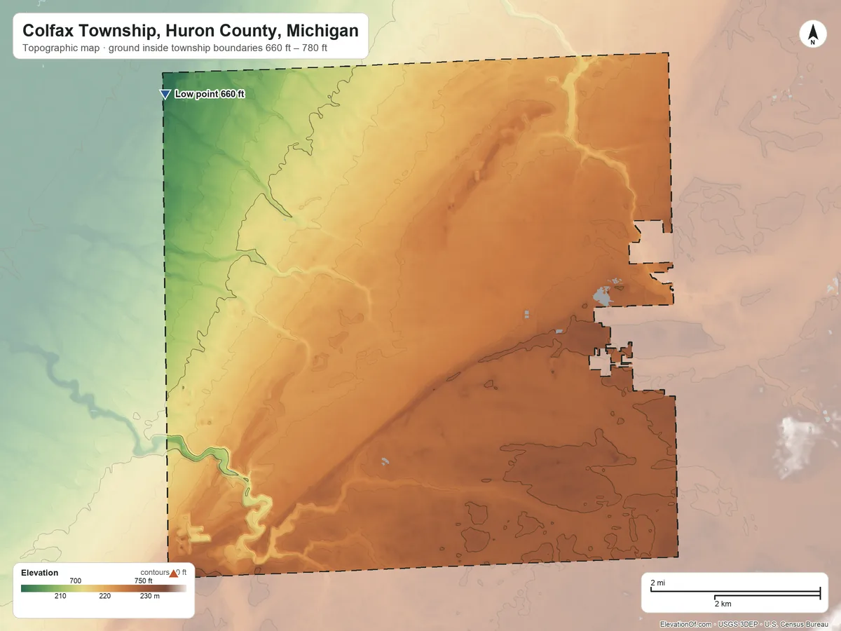 Topographic elevation map of Colfax Township, Huron County, Michigan, shaded from 660 ft on the northwest side to 780 ft on the southwest side