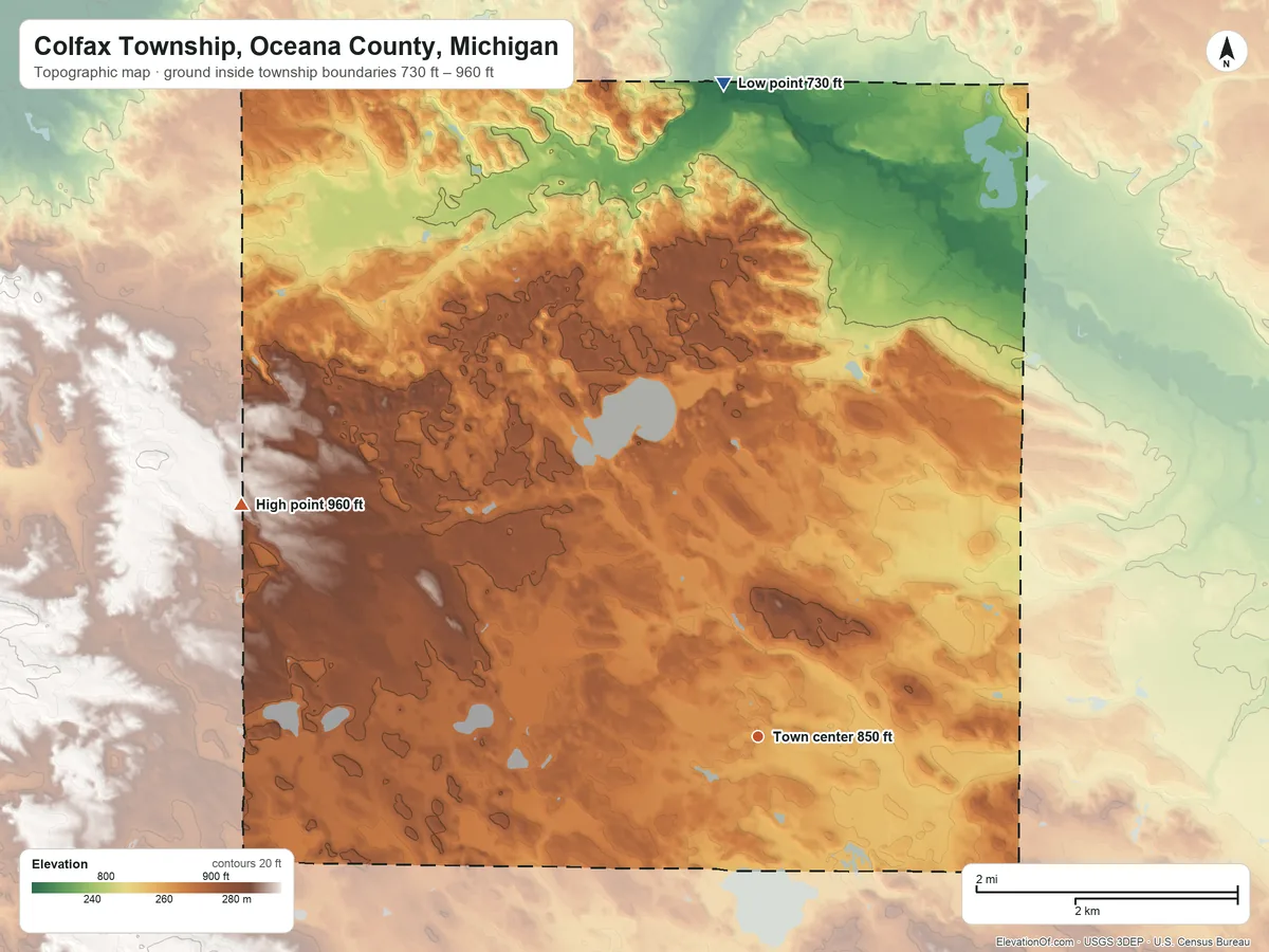 Topographic elevation map of Colfax Township, Oceana County, Michigan, shaded from 730 ft on the north side to 960 ft on the northwest side