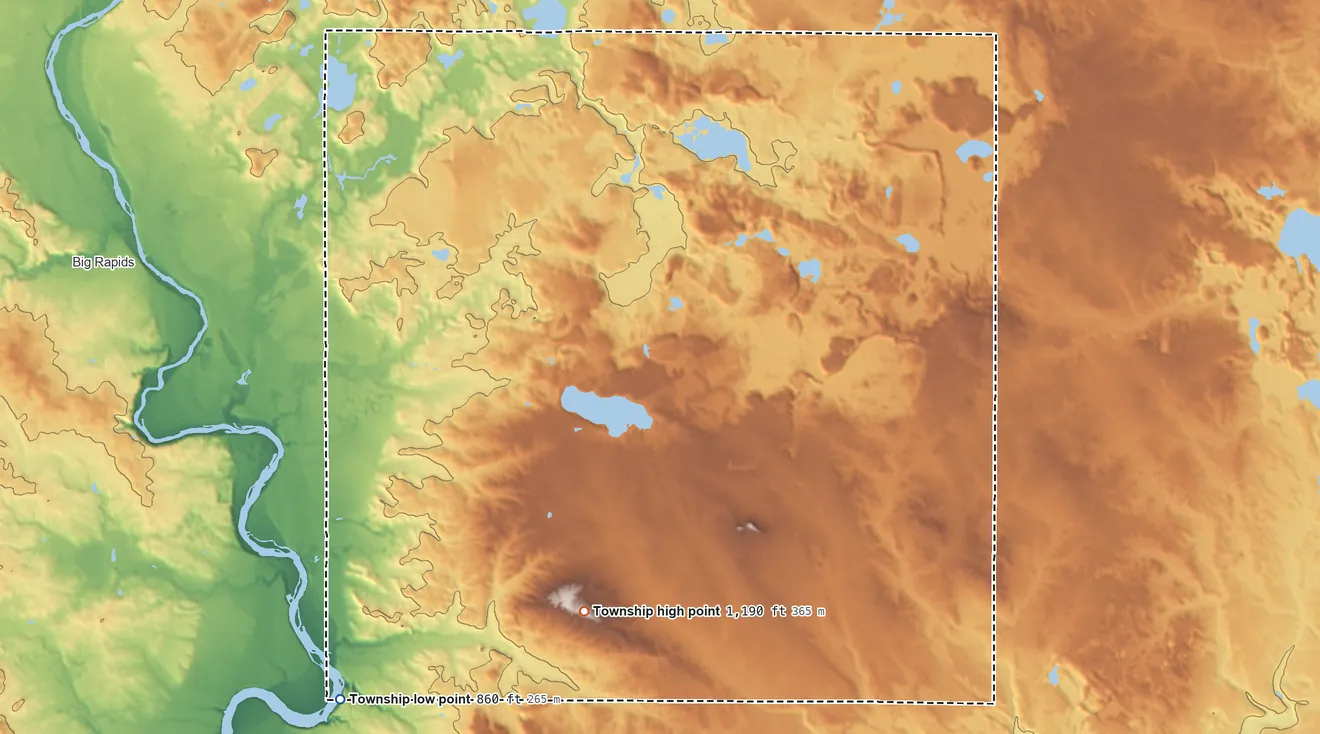 Topographic elevation map of Colfax Township, Michigan, shaded from 860 ft on the southwest side to 1,190 ft on the south side