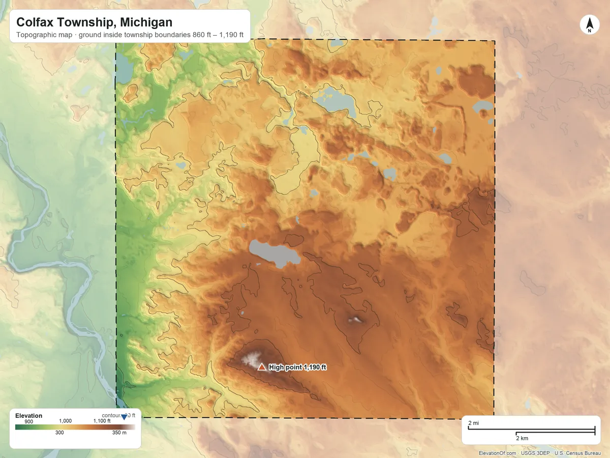 Topographic elevation map of Colfax Township, Michigan, shaded from 860 ft on the southwest side to 1,190 ft on the south side