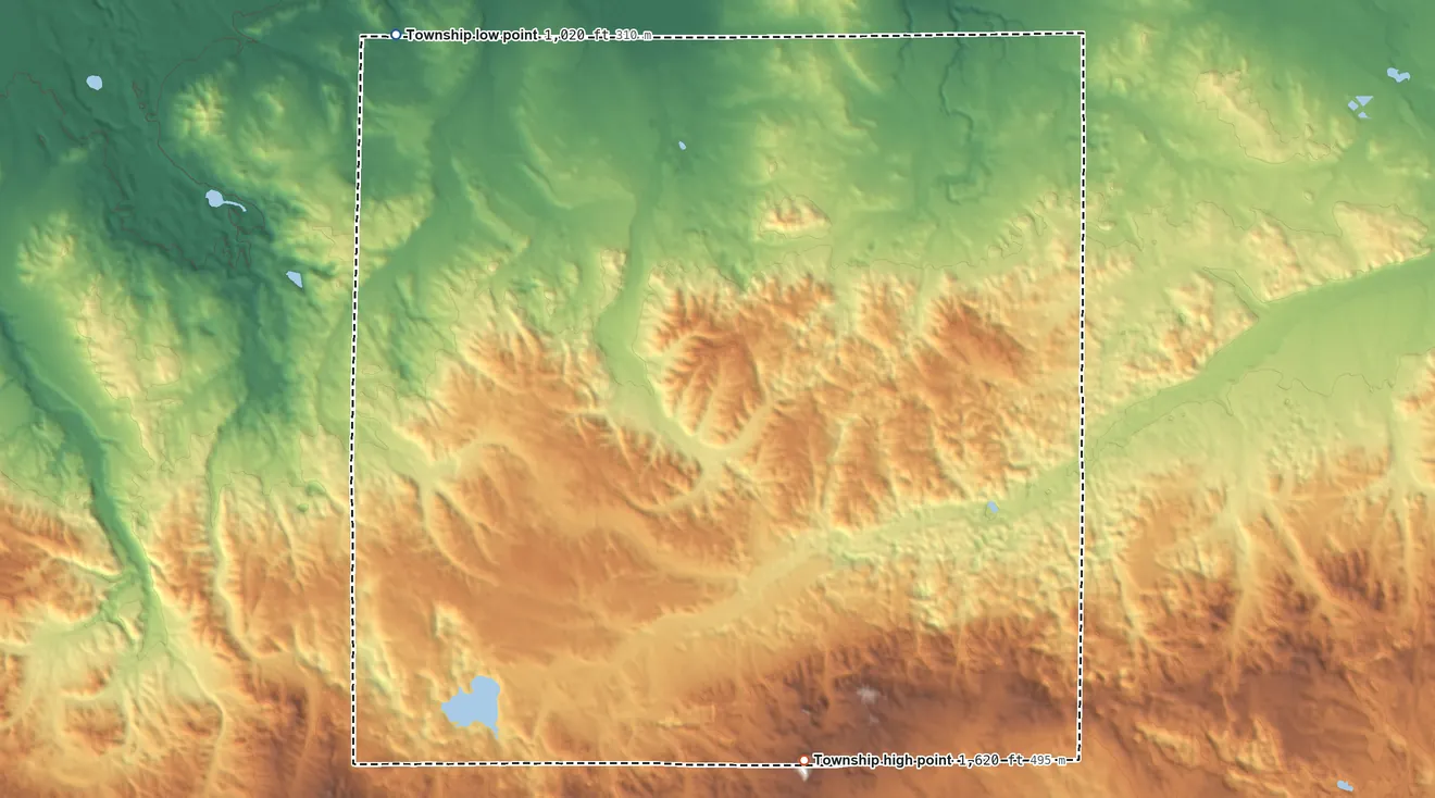 Topographic elevation map of Colfax Township, Wexford County, Michigan, shaded from 1,020 ft on the northwest side to 1,620 ft on the south side
