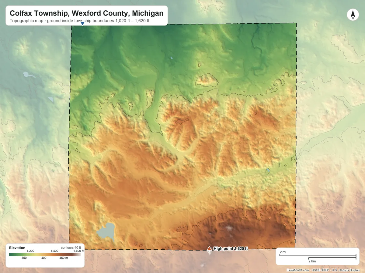 Topographic elevation map of Colfax Township, Wexford County, Michigan, shaded from 1,020 ft on the northwest side to 1,620 ft on the south side