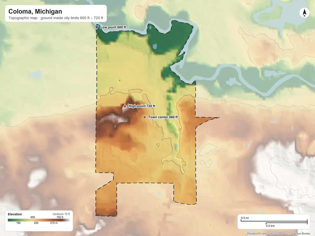 Topographic elevation map of Coloma, Michigan, shaded from 600 ft on the northwest side to 720 ft near the middle