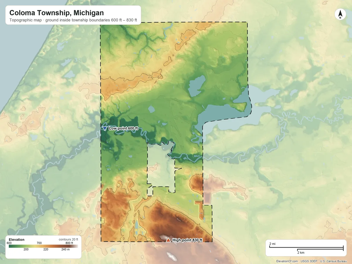 Topographic elevation map of Coloma Township, Michigan, shaded from 600 ft on the west side to 830 ft on the south side