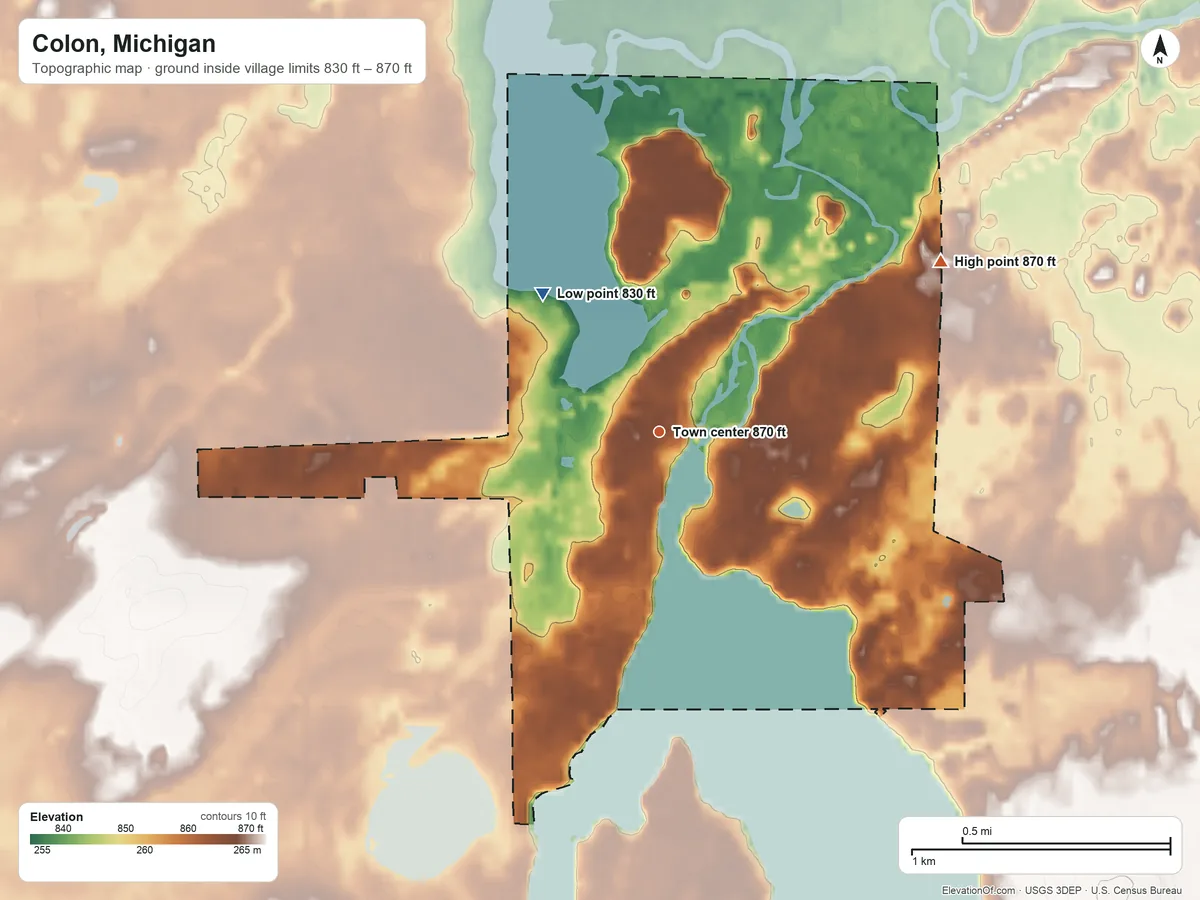 Topographic elevation map of Colon, Michigan, shaded from 830 ft on the northwest side to 870 ft on the northeast side
