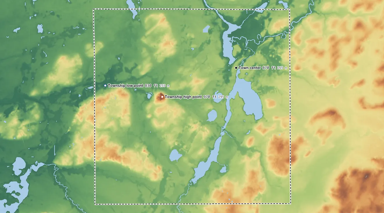 Topographic elevation map of Colon Township, Michigan, shaded from 830 ft on the west side to 970 ft on Colon Mountain