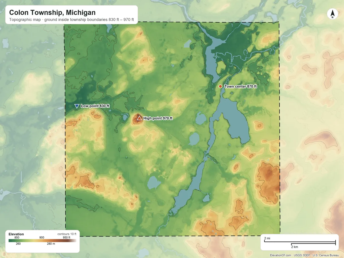Topographic elevation map of Colon Township, Michigan, shaded from 830 ft on the west side to 970 ft on Colon Mountain