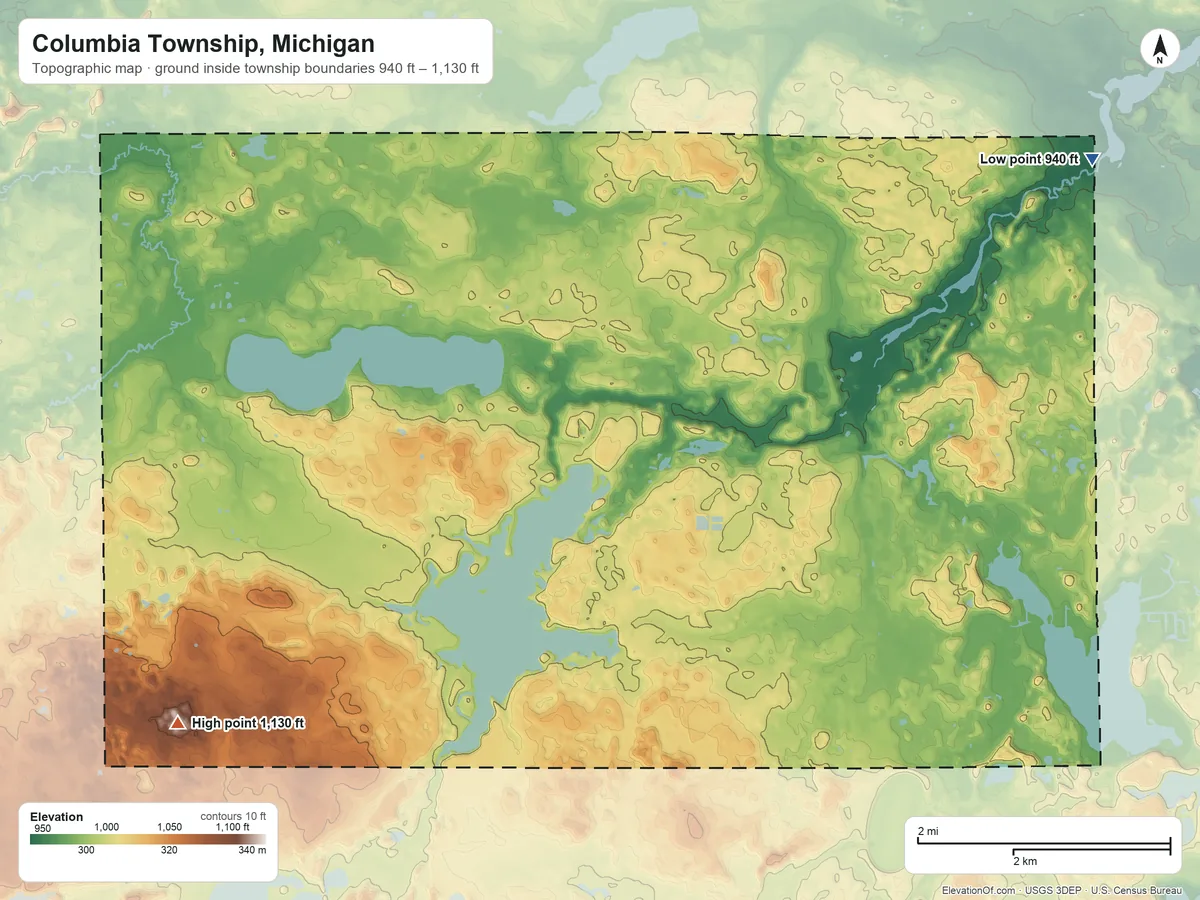 Topographic elevation map of Columbia Township, Michigan, shaded from 940 ft on the northeast side to 1,130 ft on the southwest side