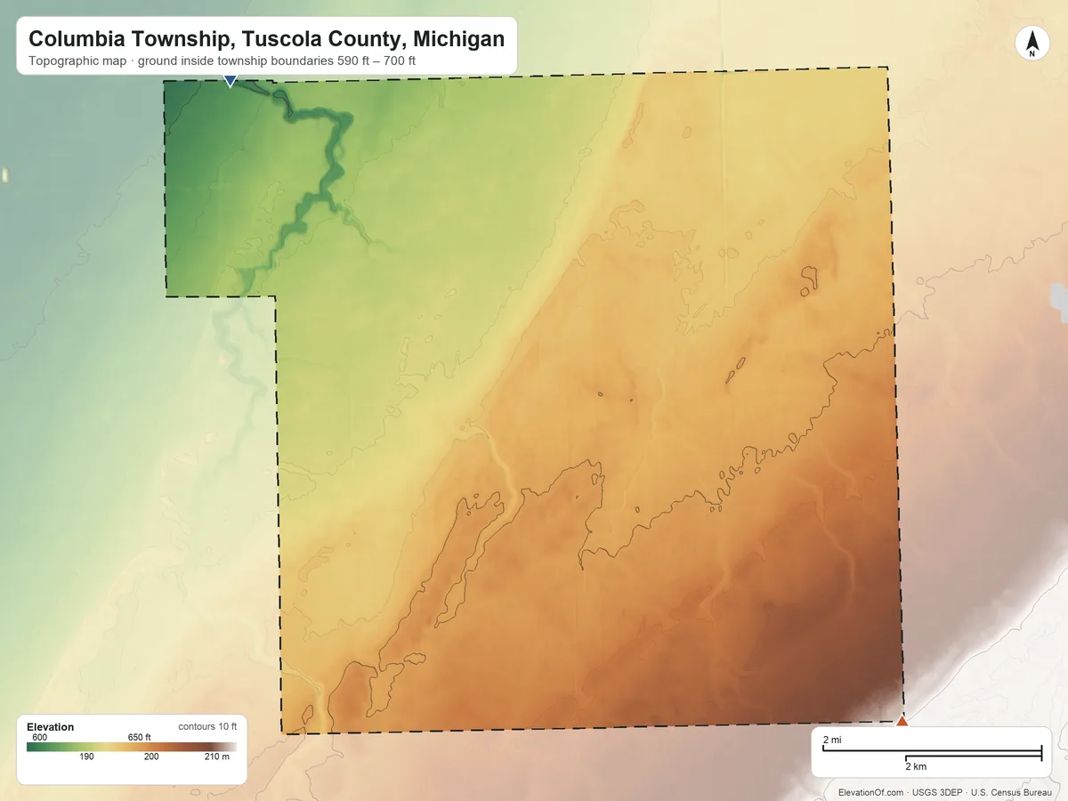 Topographic elevation map of Columbia Township, Tuscola County, Michigan, shaded from 590 ft on the northwest side to 700 ft on the southeast side