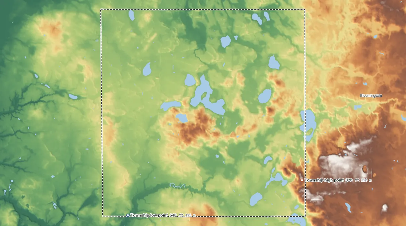 Topographic elevation map of Columbia Township, Van Buren County, Michigan, shaded from 640 ft on the southwest side to 820 ft on the southeast side