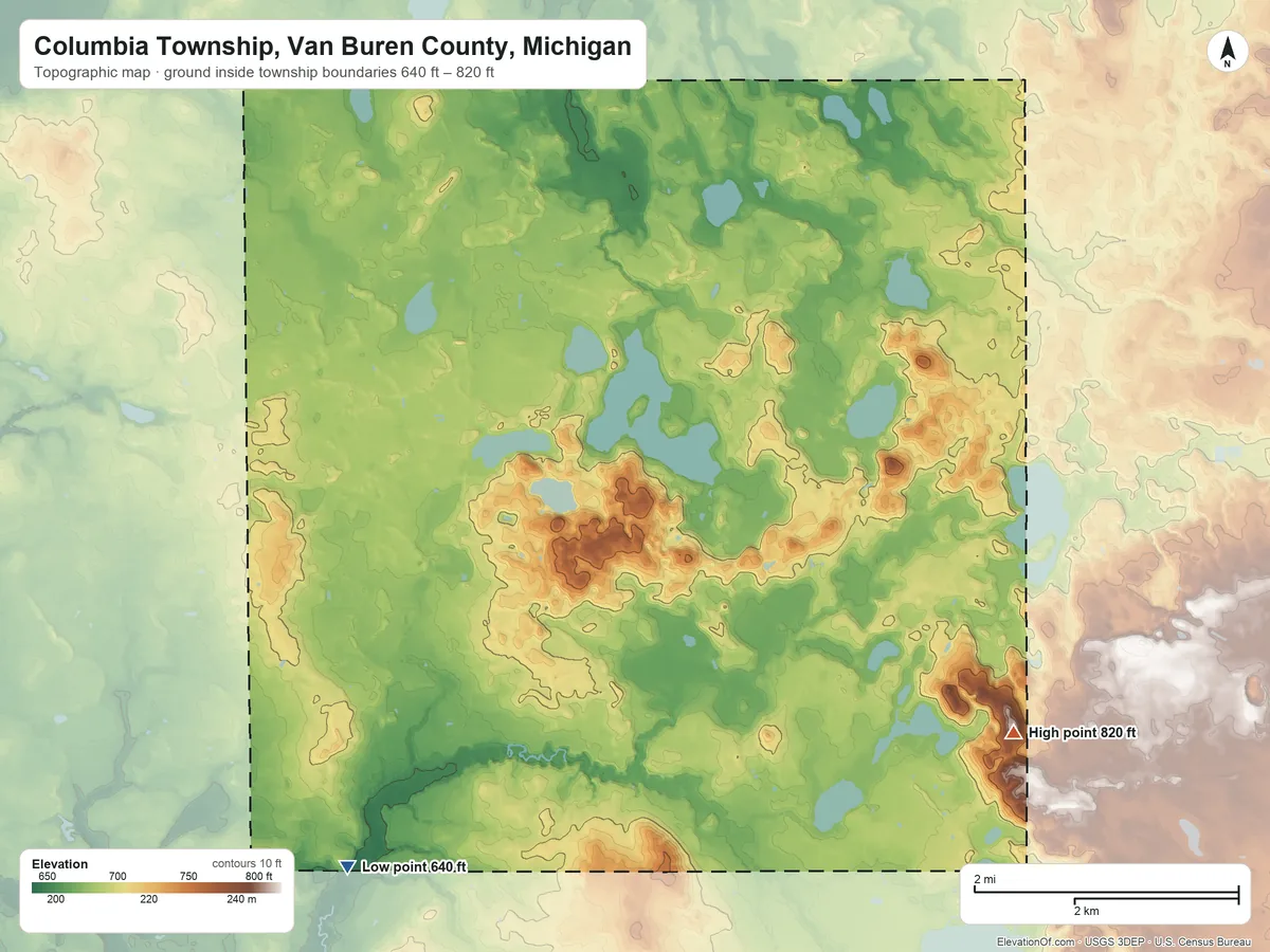 Topographic elevation map of Columbia Township, Van Buren County, Michigan, shaded from 640 ft on the southwest side to 820 ft on the southeast side