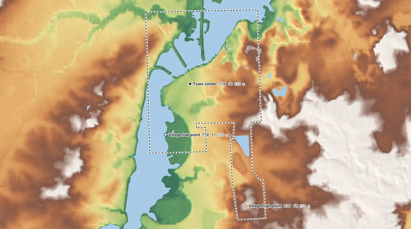 Topographic elevation map of Columbiaville, Michigan, shaded from 750 ft on the southwest side to 830 ft on the southeast side