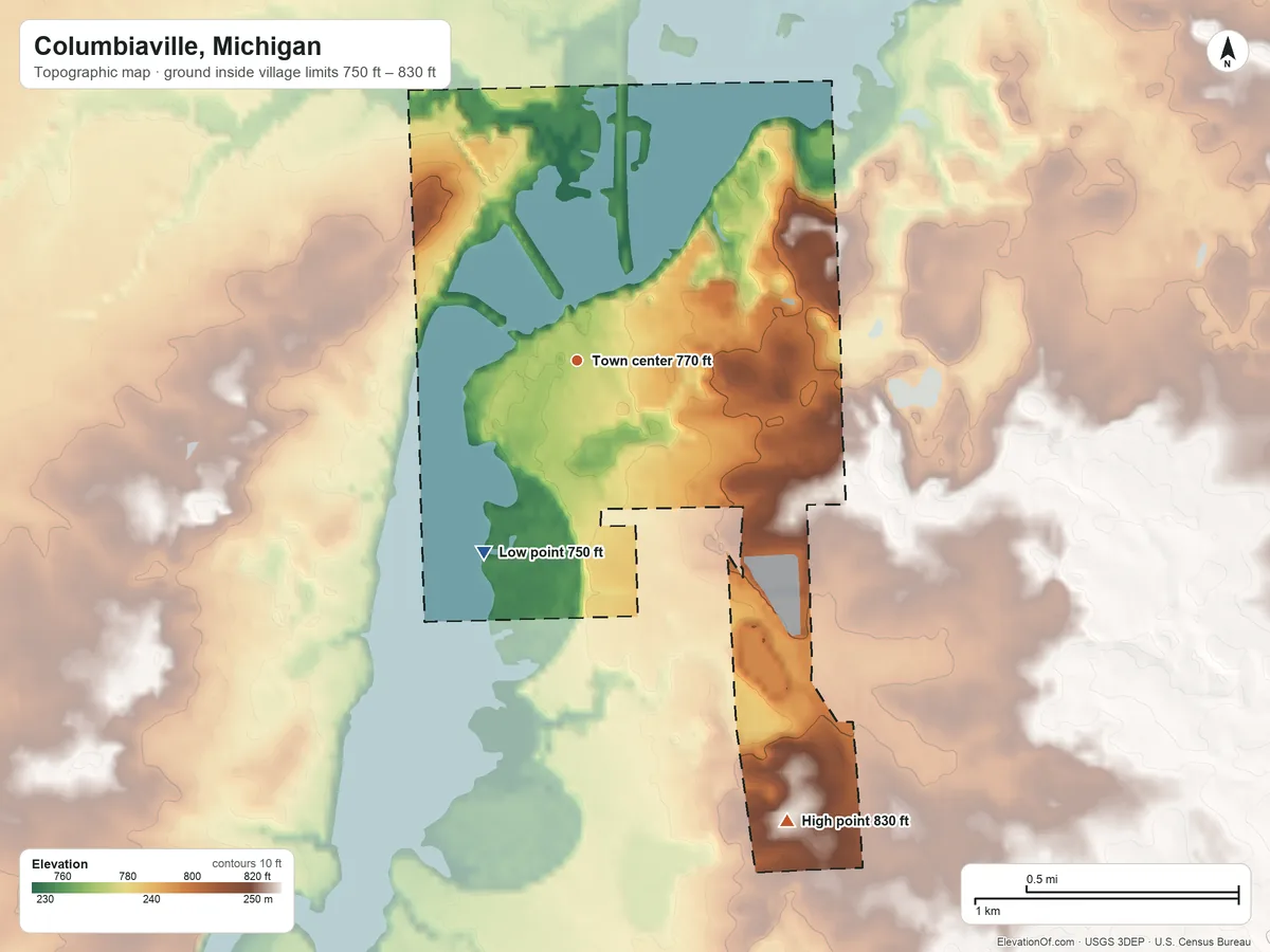 Topographic elevation map of Columbiaville, Michigan, shaded from 750 ft on the southwest side to 830 ft on the southeast side