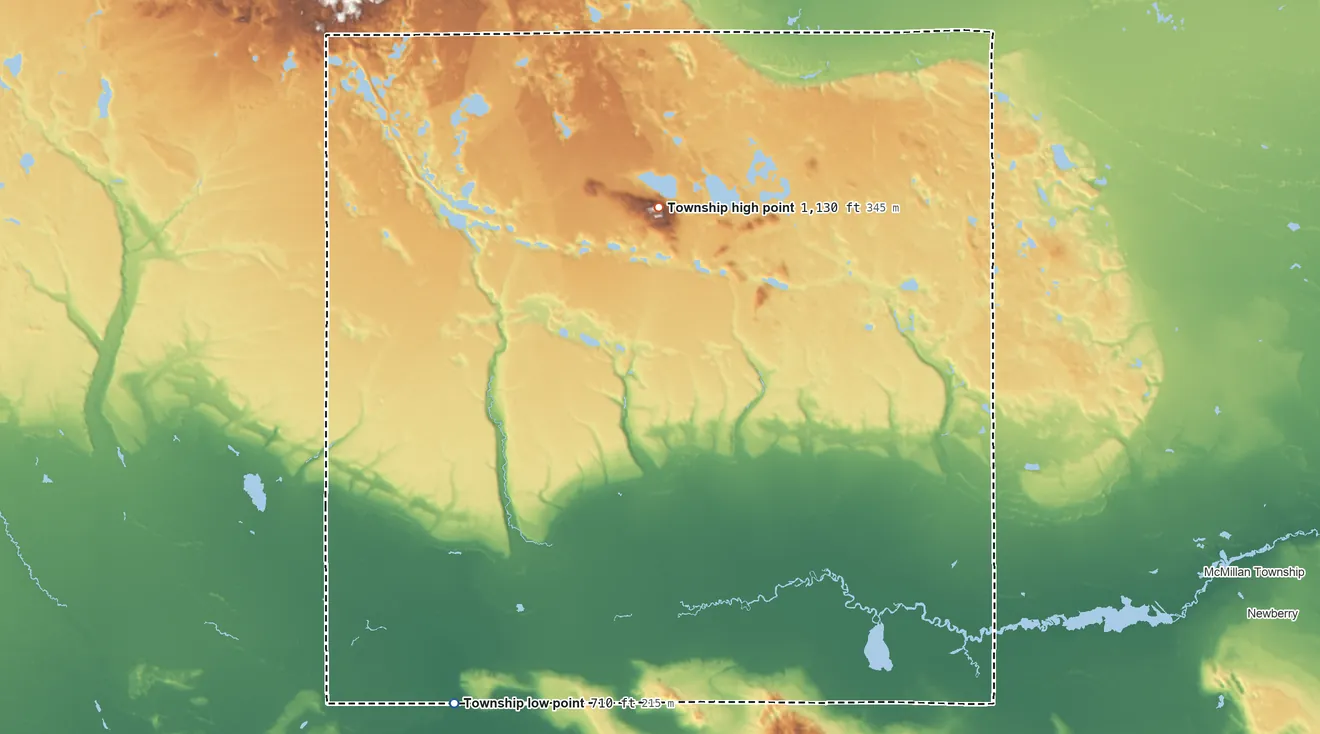 Topographic elevation map of Columbus Township, Luce County, Michigan, shaded from 710 ft on the west side to 1,130 ft on the north side