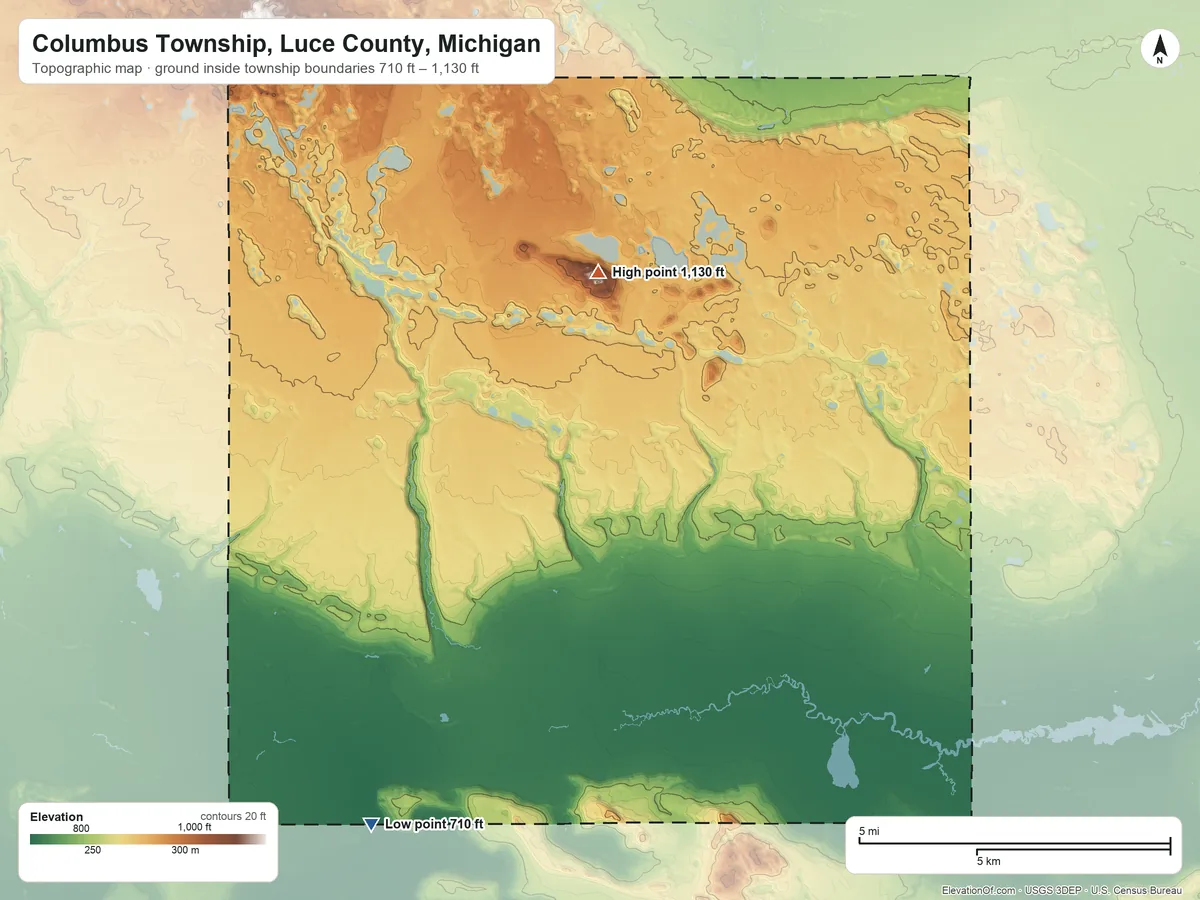 Topographic elevation map of Columbus Township, Luce County, Michigan, shaded from 710 ft on the west side to 1,130 ft on the north side
