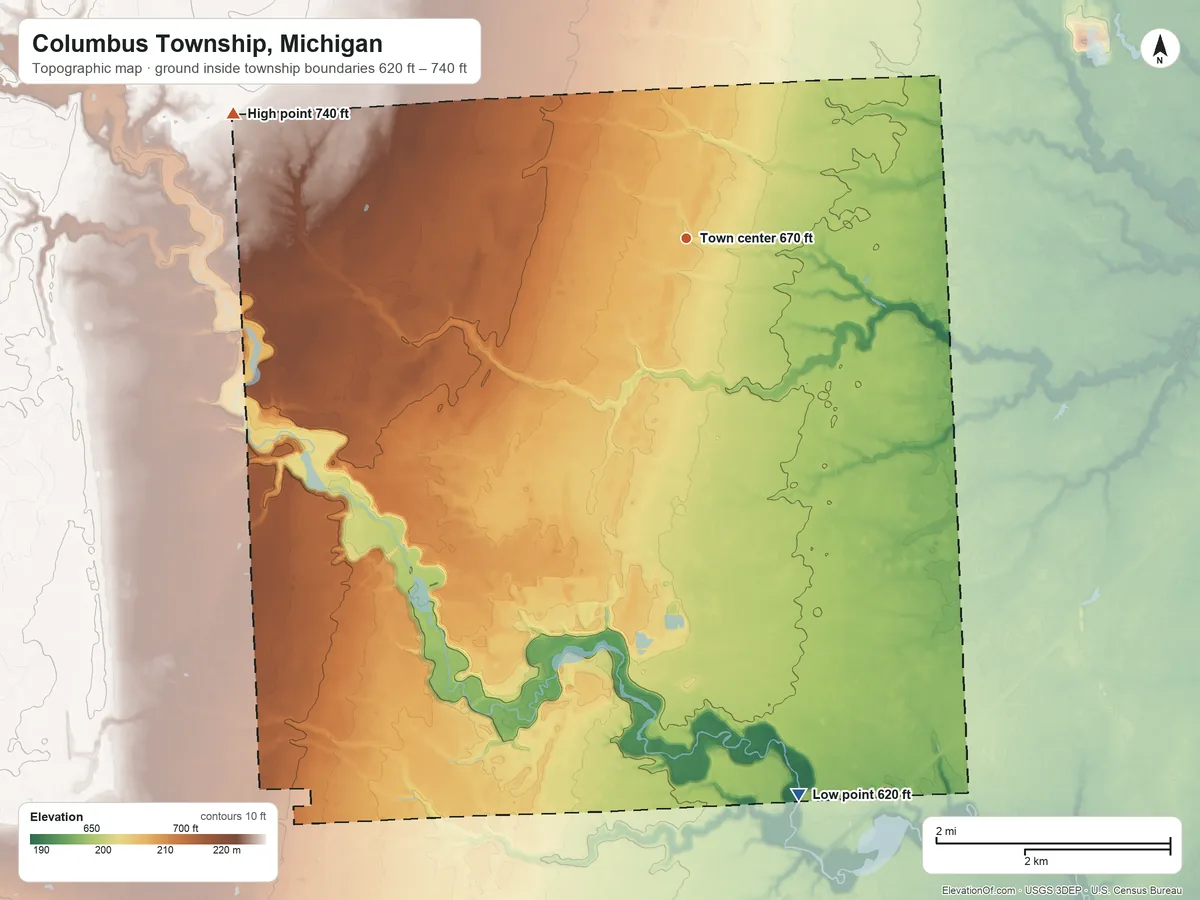 Topographic elevation map of Columbus Township, Michigan, shaded from 620 ft on the south side to 740 ft on the west side